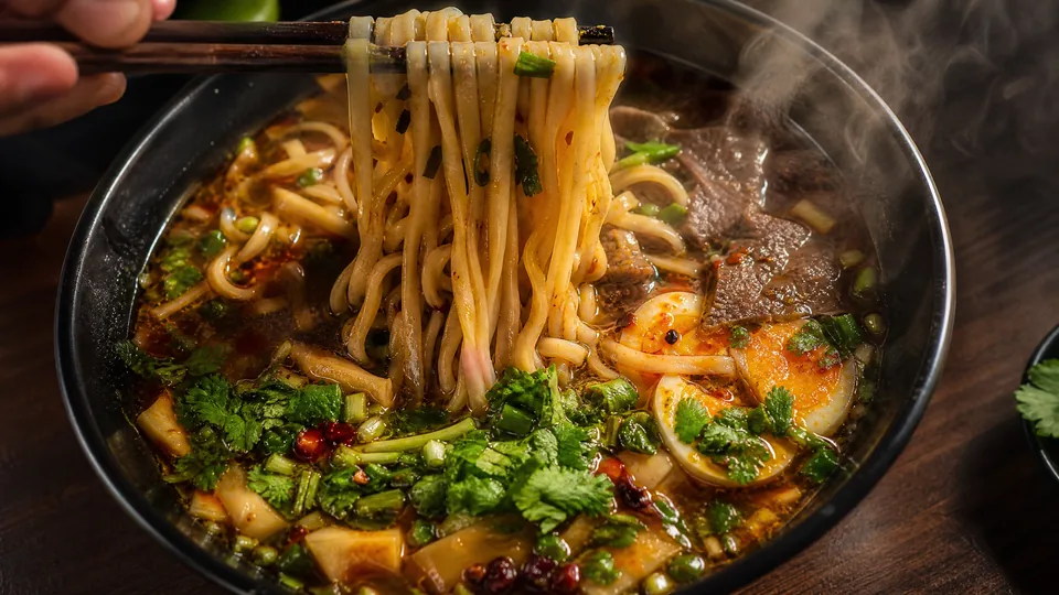 糖心vlog美食特写封面图，手拉面条与热汤特写